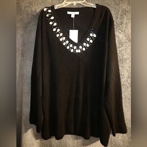NWT Carolyn Taylor Elegant Black Sweater With Embellished Neckline Size 3X
